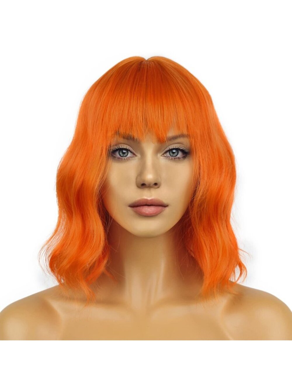 Women's Orange Shoulder Length Synthetic Loose Wavy Short Bob Wigs Bangs
